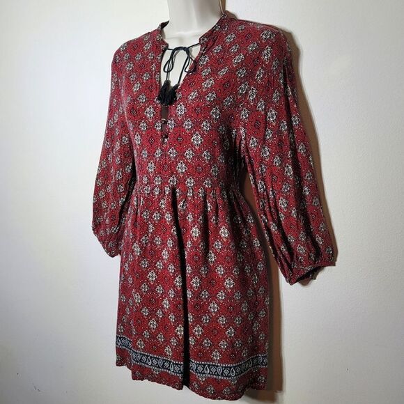 Forever 21 Red Boho Long Sleeve Tunic Dress W/ Tassels - Picture 2 of 8